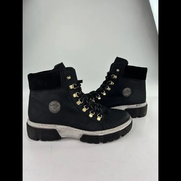 Rieker Women's Black Lace-Up Ankle Boots US 9-9.5 Warm Lining Combat Boot Eur 40