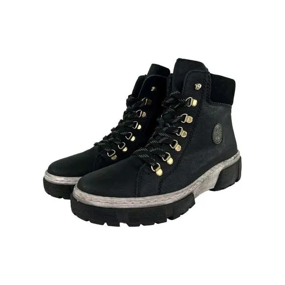 Rieker Women's Black Lace-Up Ankle Boots US 9-9.5 Warm Lining Combat Boot Eur 40