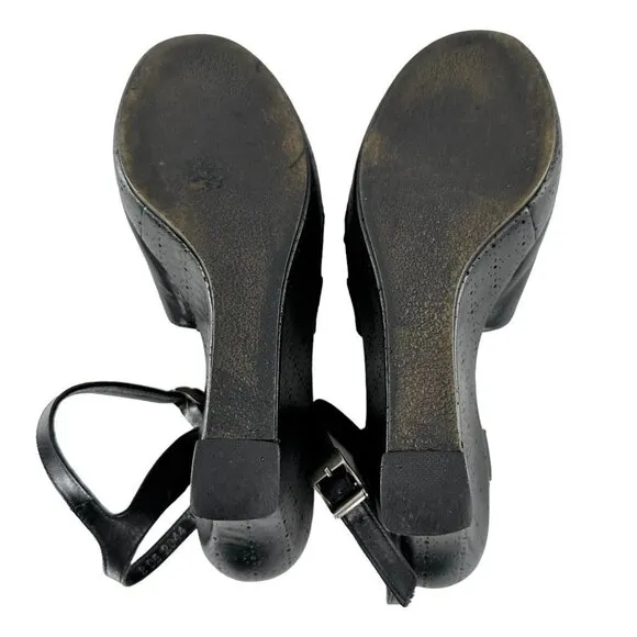 Robert Clergerie Black Leather Ankle Strap Peep Toe Wedge Heels Size 6.5