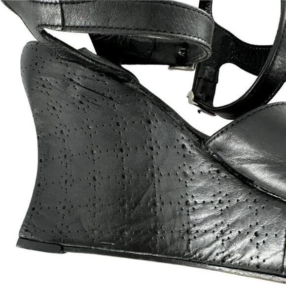 Robert Clergerie Black Leather Ankle Strap Peep Toe Wedge Heels Size 6.5