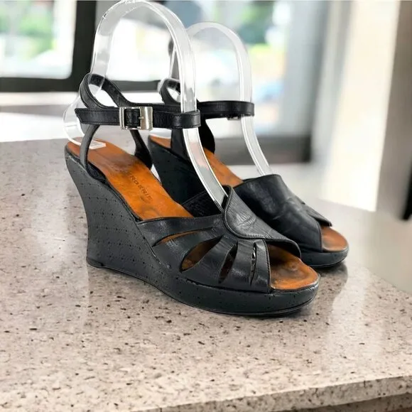 Robert Clergerie Black Leather Ankle Strap Peep Toe Wedge Heels Size 6.5