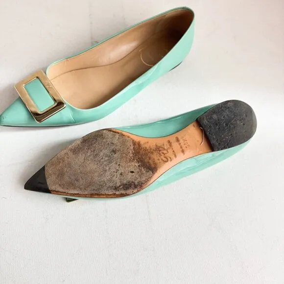 Roger Vivier Sea-foam Green Classic Buckle Accent Pointy Toe Flats  36.5