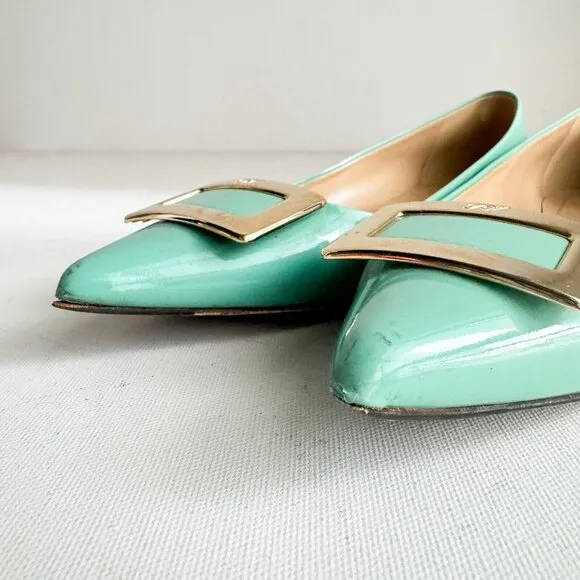 Roger Vivier Sea-foam Green Classic Buckle Accent Pointy Toe Flats  36.5