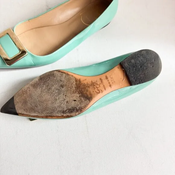 Roger Vivier Sea-foam Green Classic Buckle Accent Pointy Toe Flats  36.5