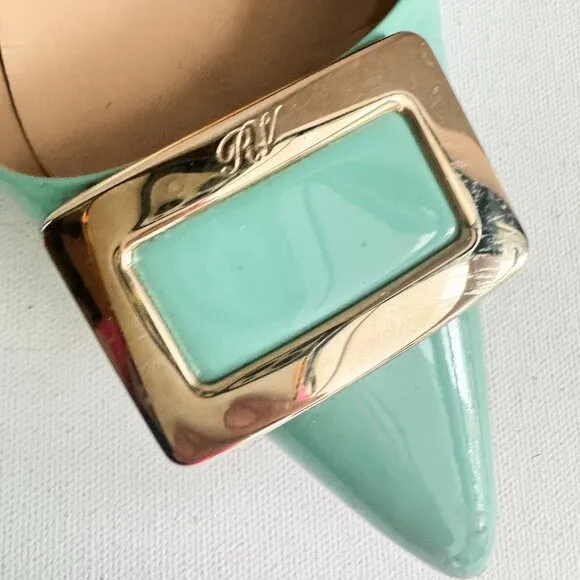 Roger Vivier Sea-foam Green Classic Buckle Accent Pointy Toe Flats  36.5