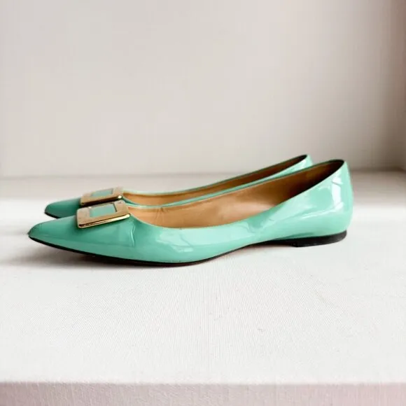 Roger Vivier Sea-foam Green Classic Buckle Accent Pointy Toe Flats  36.5