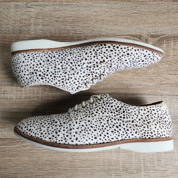 ROLLIE Lightweight Derby Lace Up Flat Oxfords in Snow Leopard Calf Hair 38