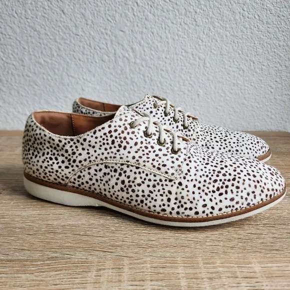 ROLLIE Lightweight Derby Lace Up Flat Oxfords in Snow Leopard Calf Hair 38