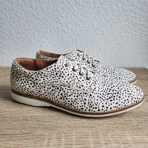 ROLLIE Lightweight Derby Lace Up Flat Oxfords in Snow Leopard Calf Hair 38