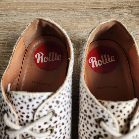 ROLLIE Lightweight Derby Lace Up Flat Oxfords in Snow Leopard Calf Hair 38