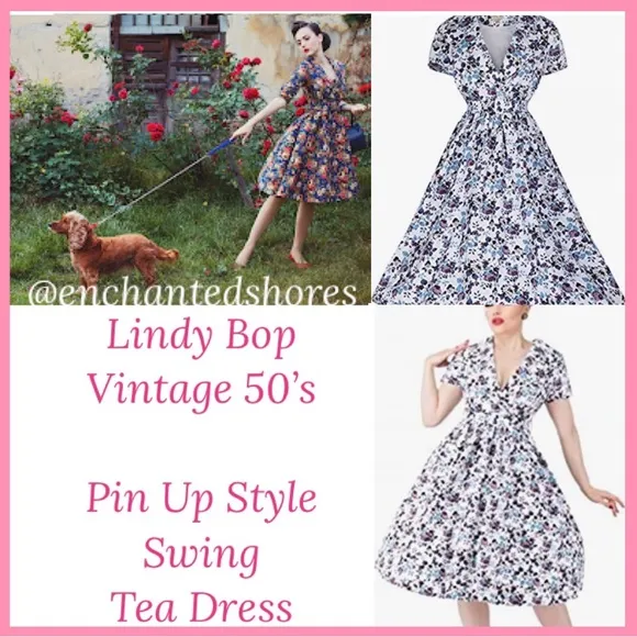 Romantic Floral Swing Tea Dress Lindy Bop Elenora RARE Vintage Retro 50’s Pin Up
