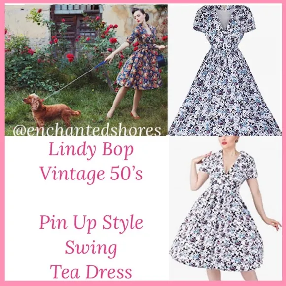 Romantic Floral Swing Tea Dress Lindy Bop Elenora RARE Vintage Retro 50’s Pin Up