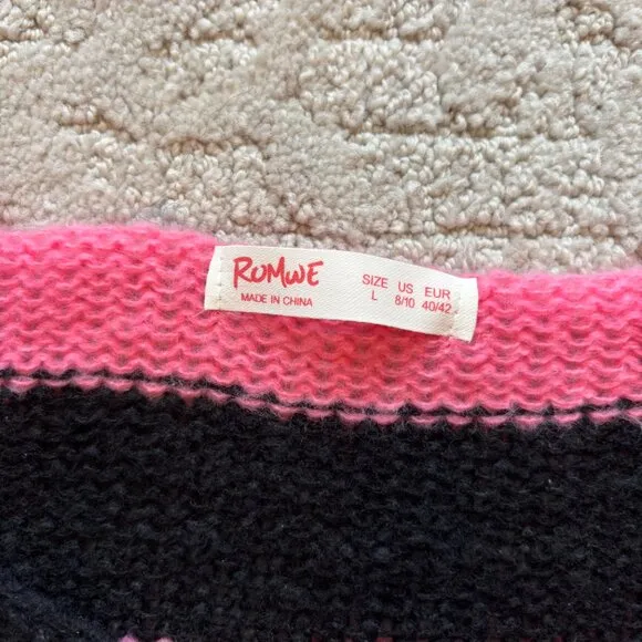 Romwe Grunge Punk Sweater L Black Pink Stripe Distressed Knit Goth Y2K Emo
