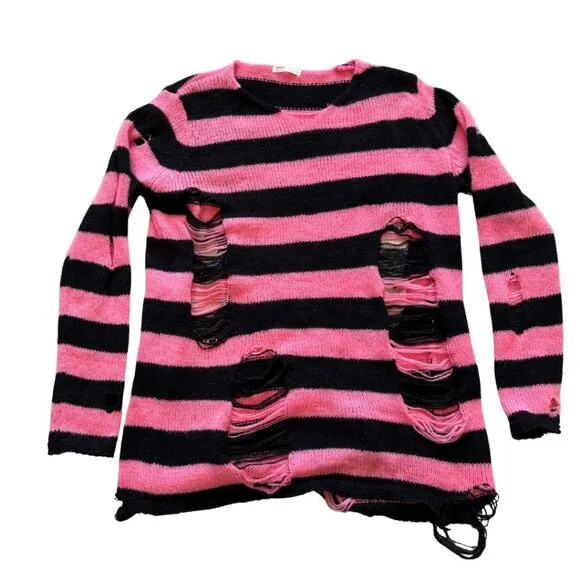 Romwe Grunge Punk Sweater L Black Pink Stripe Distressed Knit Goth Y2K Emo