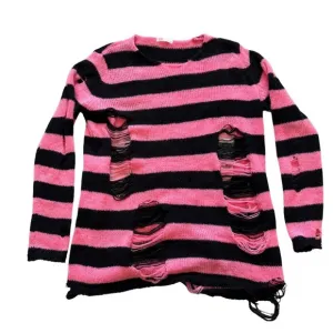 Romwe Grunge Punk Sweater L Black Pink Stripe Distressed Knit Goth Y2K Emo