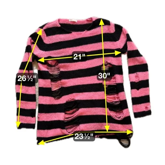 Romwe Grunge Punk Sweater L Black Pink Stripe Distressed Knit Goth Y2K Emo