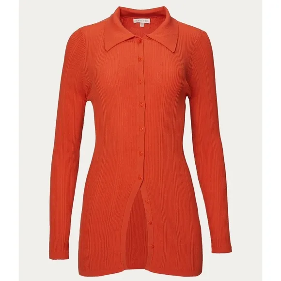 RONNY KOBO 90s Rib Knit Long Sleeve Collared Button Front Slim Cardigan Top S
