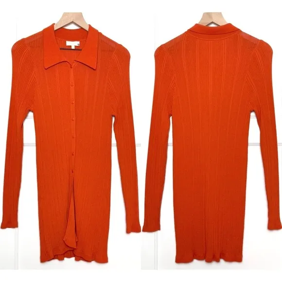 RONNY KOBO 90s Rib Knit Long Sleeve Collared Button Front Slim Cardigan Top S