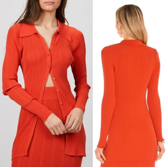 RONNY KOBO 90s Rib Knit Long Sleeve Collared Button Front Slim Cardigan Top S