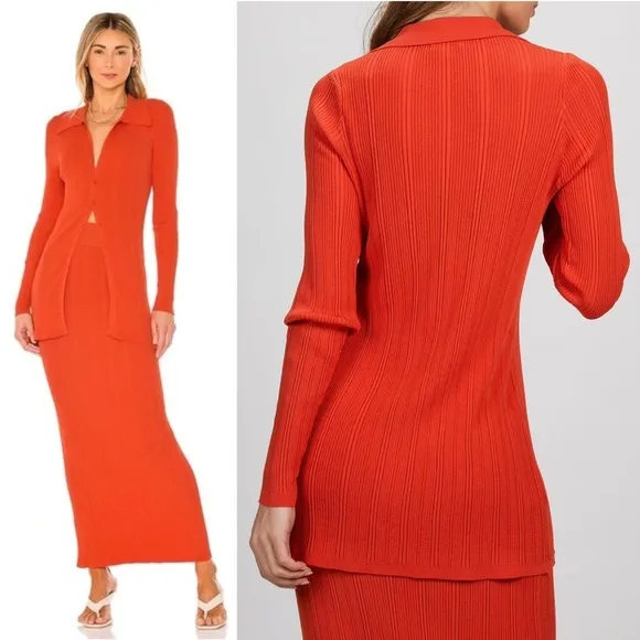 RONNY KOBO 90s Rib Knit Long Sleeve Collared Button Front Slim Cardigan Top S