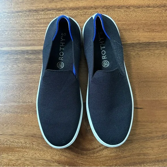 Rothy’s Black With Blue White Stripe Slip On Classic Sneaker Shoes Size 9