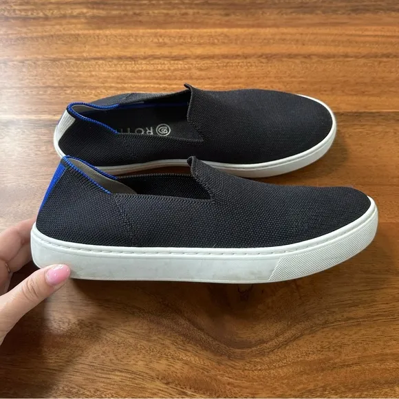 Rothy’s Black With Blue White Stripe Slip On Classic Sneaker Shoes Size 9