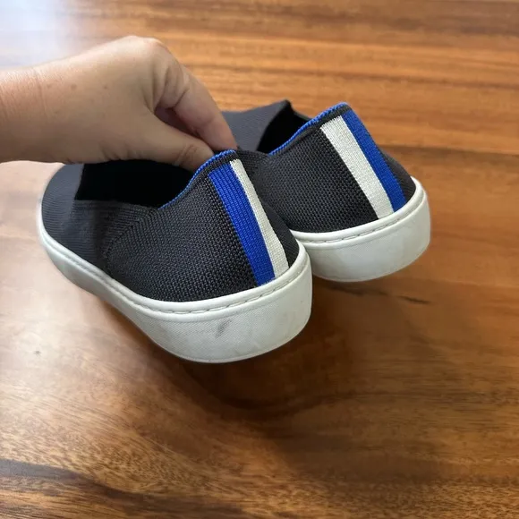 Rothy’s Black With Blue White Stripe Slip On Classic Sneaker Shoes Size 9