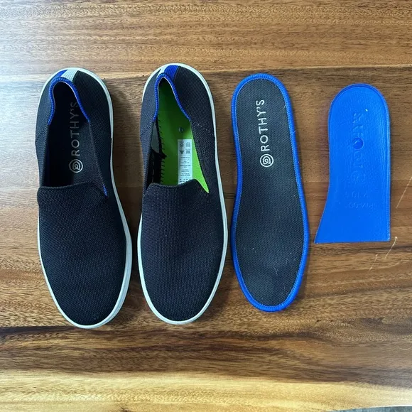 Rothy’s Black With Blue White Stripe Slip On Classic Sneaker Shoes Size 9