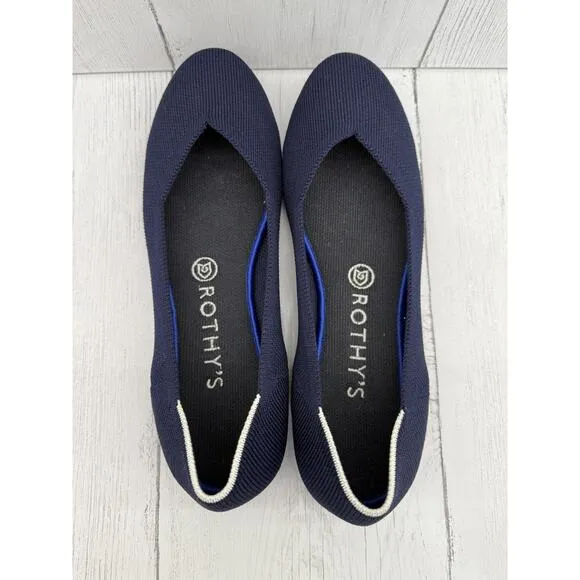 Rothy's Navy Blue White Heel Accent Round Toe Knit Sz 9 Washable Flats Shoes