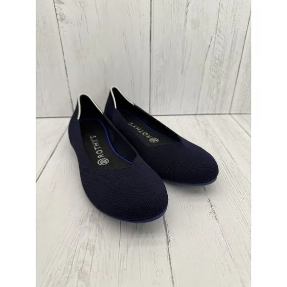 Rothy's Navy Blue White Heel Accent Round Toe Knit Sz 9 Washable Flats Shoes