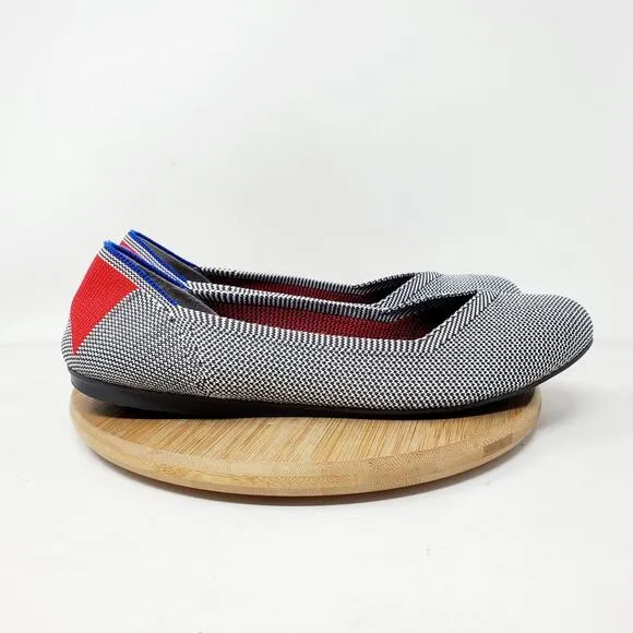 Rothys Retired Shale Cherry Ribbon Stripe Ballet Flats Womens 9.5 Round Toe Shoe