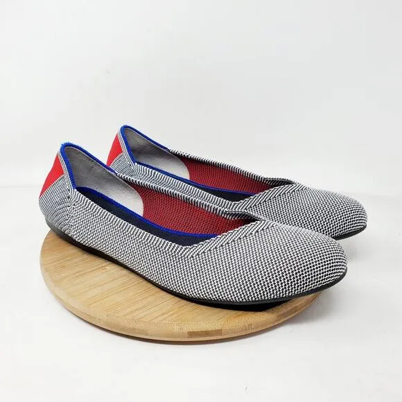 Rothys Retired Shale Cherry Ribbon Stripe Ballet Flats Womens 9.5 Round Toe Shoe