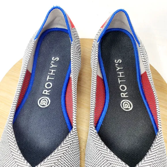 Rothys Retired Shale Cherry Ribbon Stripe Ballet Flats Womens 9.5 Round Toe Shoe