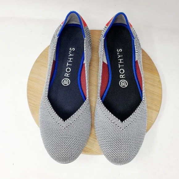 Rothys Retired Shale Cherry Ribbon Stripe Ballet Flats Womens 9.5 Round Toe Shoe