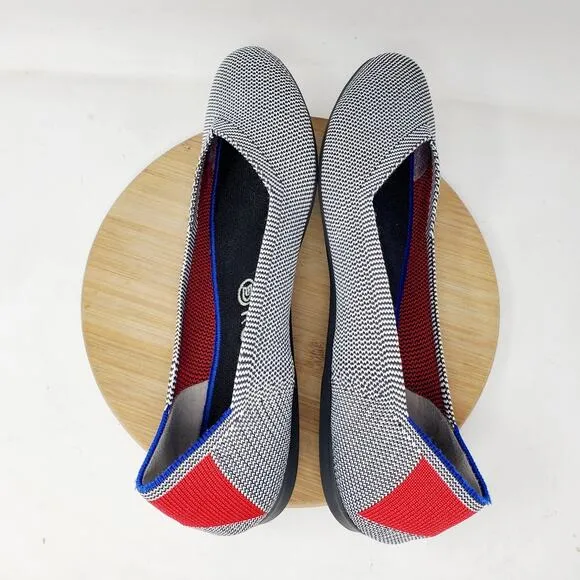 Rothys Retired Shale Cherry Ribbon Stripe Ballet Flats Womens 9.5 Round Toe Shoe