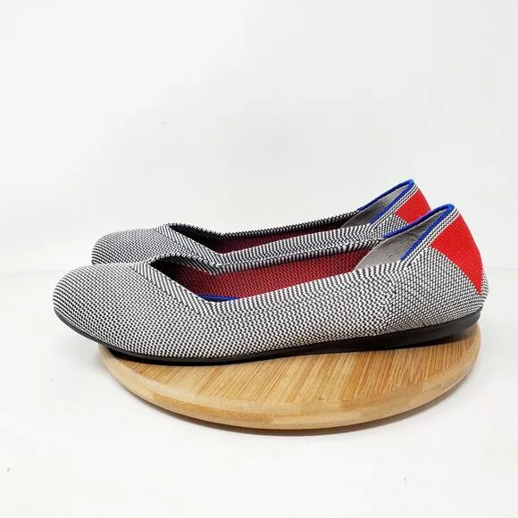 Rothys Retired Shale Cherry Ribbon Stripe Ballet Flats Womens 9.5 Round Toe Shoe