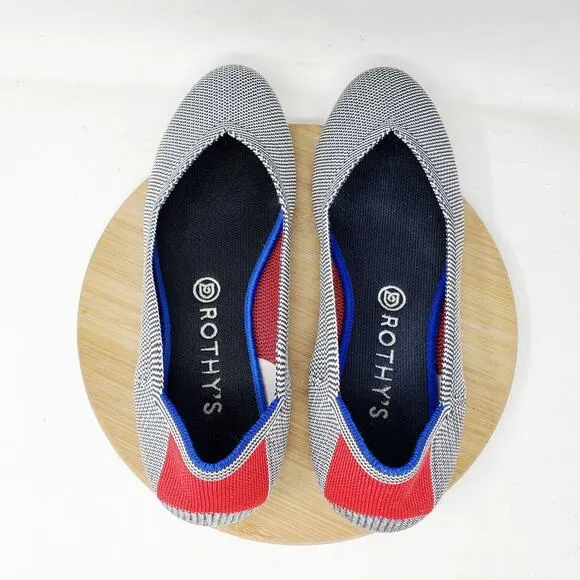 Rothys Retired Shale Cherry Ribbon Stripe Ballet Flats Womens 9.5 Round Toe Shoe