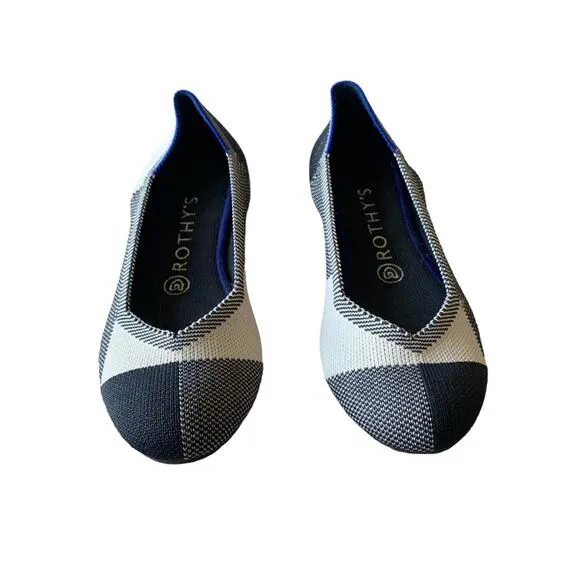 Rothy's Round Cap Toe Plaid Checkered Slip On Flats Shoes Black Beige Size 7 EUC