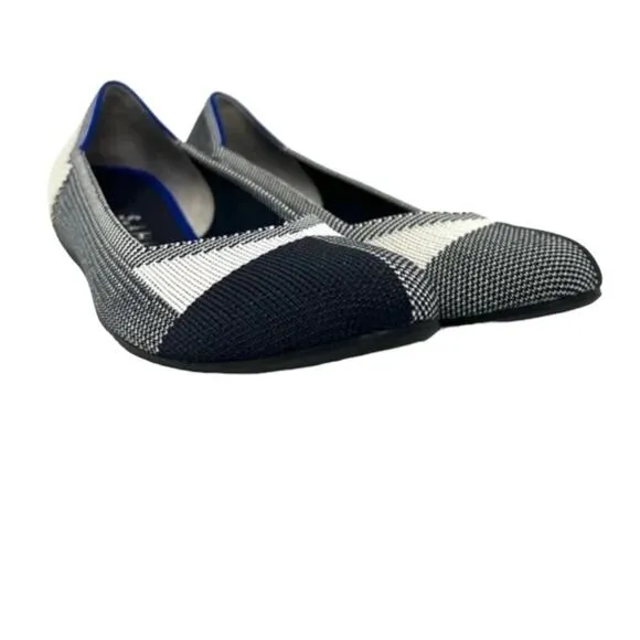 Rothy's Round Cap Toe Plaid Checkered Slip On Flats Shoes Black Beige Size 7 EUC