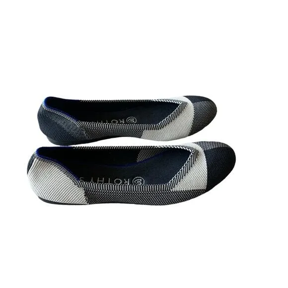 Rothy's Round Cap Toe Plaid Checkered Slip On Flats Shoes Black Beige Size 7 EUC