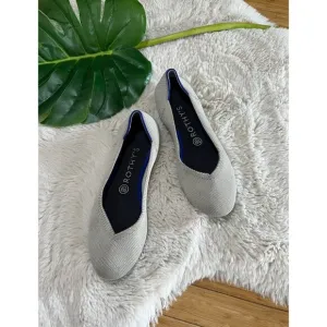 Rothy’s Size W8.5 The Flat Gray Ballet Flats Round Toe Slip On Blue Trim.
