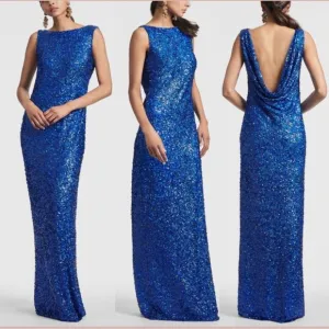 Sachin &amp; Babi Mariah Embellished Sequin Boat Neck Draped Open Back Gown -Reemoly