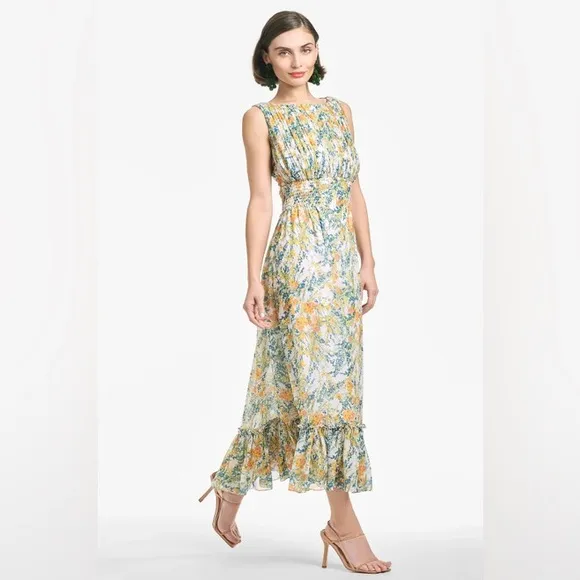 Sachin   Babi Floral Dress Size 4 Sleeveless Floral Ruffle Hem Bow Back Dress
