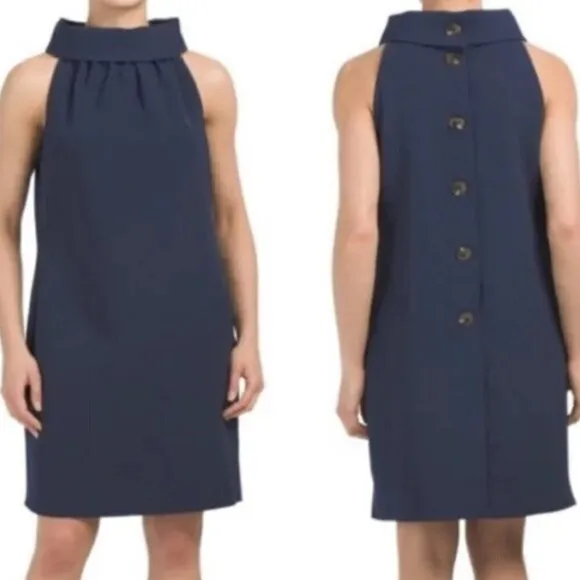 Sail to Sable STS Mock Turtleneck Navy Blue Button Back Mini Shift Dress Small