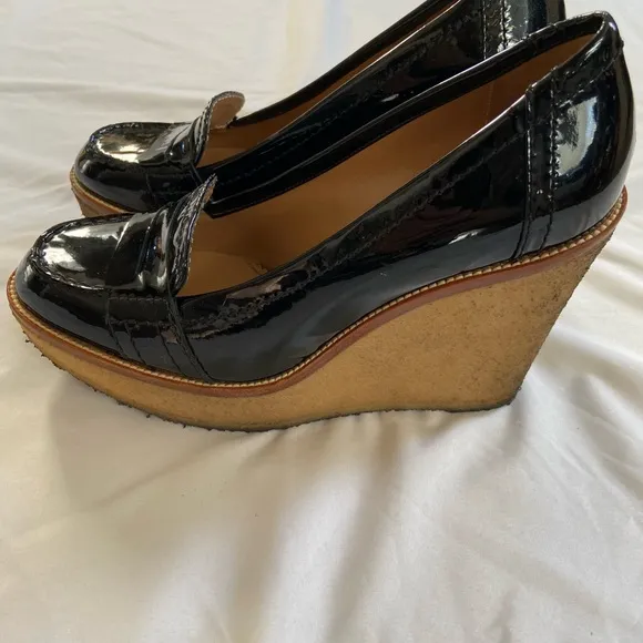 Saint Laurent YSL Patent Leather Wedge Loafer Platform Black Rubber Ida Moccasin