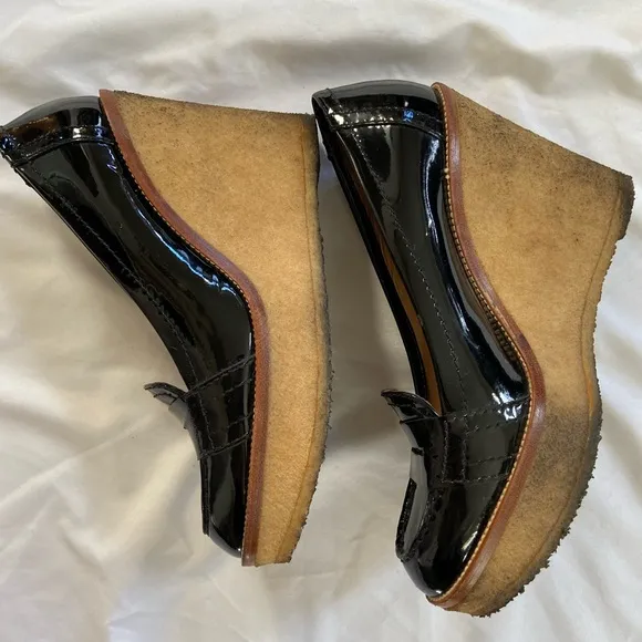 Saint Laurent YSL Patent Leather Wedge Loafer Platform Black Rubber Ida Moccasin