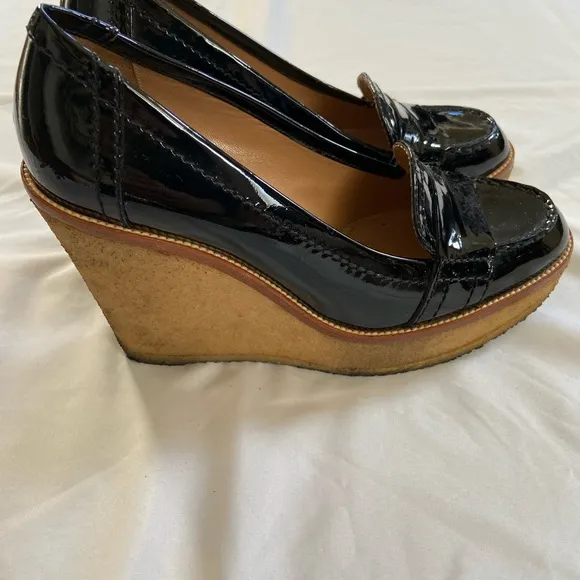 Saint Laurent YSL Patent Leather Wedge Loafer Platform Black Rubber Ida Moccasin