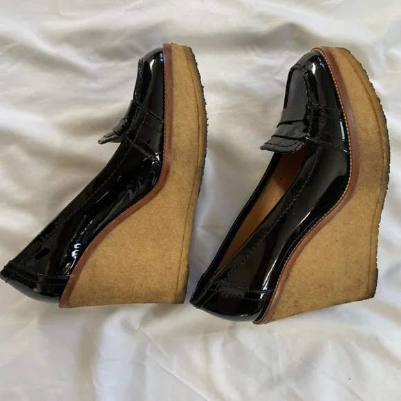 Saint Laurent YSL Patent Leather Wedge Loafer Platform Black Rubber Ida Moccasin