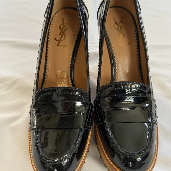 Saint Laurent YSL Patent Leather Wedge Loafer Platform Black Rubber Ida Moccasin