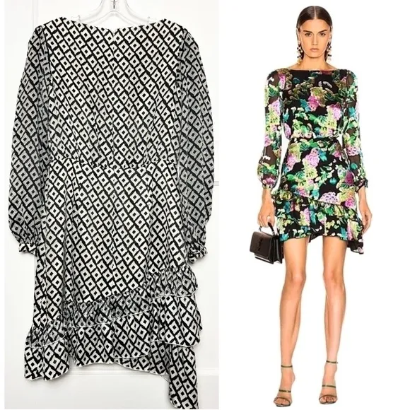 SALONI Silk Velvet Burnout Puff Long Sleeve Asymmetrical Ruffle Tier Hem Dress 4